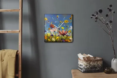 Produktbild von Coloray Hodiny Unikátní 30x30 cm  Tiché hodiny Pro obývací pokoj a kuchyň Nástěnné hodiny Plátno Bílé ručičky hodin - Malování květin louky
