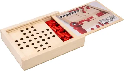 A wooden box containing a board game with red playing pieces.