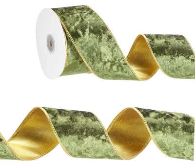 Fluwelen Band mit Draht, 6 cm x 9 m, goldgepresst, olivgrün