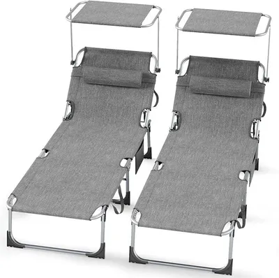 Imagen del producto de Juego de dos tumbonas plegables, 194 x 68 x 29 cm, fabricadas en aluminio. Cada tumbona soporta hasta 150 kg. Ideales para la playa, el jardín o la piscina, resistentes a la intemperie y con protección solar. Respaldo ajustable, color gris claro