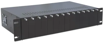 Produktbild von Intellinet 14-Slot-Medienkonvertergehäuse, 19"-Rackmount, 2 HE, 2 Netzteile (1 redundant) im Lieferumfang, 100 - 260 V, 5 V, 0 - 50 °C, -20 - 85 °C, 5 - 95%, FCC Class A, CE