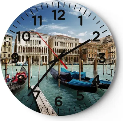 Produktbild von Wanduhr - Rund - Glasuhr - Architektur venedig italien gondel - 30x30cm - Schleichendes Uhrwerk - Lautlos - zum Aufhängen bereit - Dekoration Modern - Wanddekoration aus Glas - C4AR30x30-2705