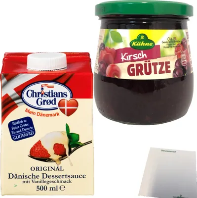 Produktbild von Kühne Rote Kirsch Grütze (1x375g) Glas + Dessert-Sauce mit Vanillegeschmack (1x500ml Pack) + usy Block