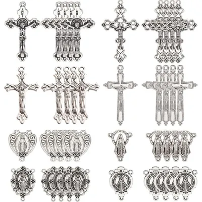 Rosenkranz-Anhänger, 48 Stück, 8 Stile, Kruzifix, antikes Silber