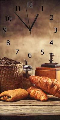 Produktbild von Wallario Design Wanduhr bedruckt, Größe 30 x 60 cm, Motiv: Französisches Frühstück mit Café und Croissants