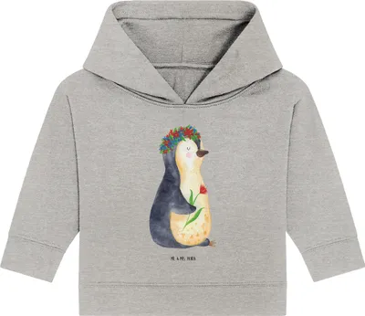 Produktbild von Mr. & Mrs. Panda Organic Baby Hoodie Pinguin Blumen 12. - 18. Monat - Heather Grey - Geschenk, Geschenkidee, Blumenliebe, Kapuzenshirt, Pinguine, Blumenkranz, Wunderschön