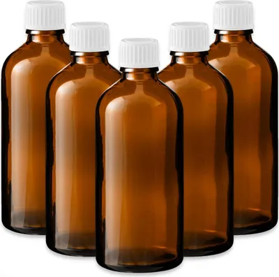 Produktbild von 5x Glasflasche Braun 100 ml mit weißem Kunststoff Schraubverschluss