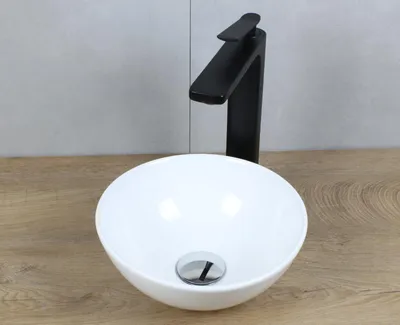 Produktbild von Keramik Waschbecken rund Ø 280 x 116 weiß ohne Überlauf Aufsatzwaschbecken mit Pop-Up Ablauf chrom