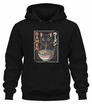 Imagen del producto de Sudadera con capucha "RAMEN Schwarze Katze", estilo japonés, con estampado de fideos ramen, diseño "Y2K Otaku", color , talla L