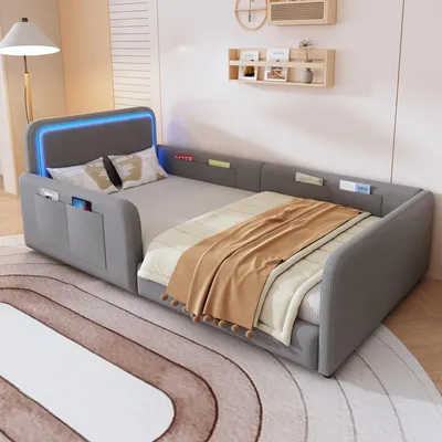 Image de Lit Flieks, dimensions 90x200 cm, avec revêtement en similicuir, lit pour enfant, lit simple avec poches et barrière de sécurité, canapé-lit pour adolescents, convertible en lit de jour, avec sommier à lattes, en velours, de couleur grise