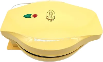 A yellow waffle maker is shown against a white background.