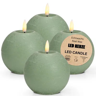 Image de Lot de 4 bougies LED sphériques en cire, flamme vacillante, Ø 10 x 9, sauge