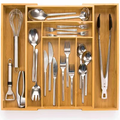 Image de Boîte à couverts de 45 cm, extensible, en bambou, pour tiroir de cuisine