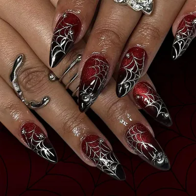Zdjęcie produktu dla Zestaw 24 sztuk sztucznych paznokci w stylu gotyckim, czerwono-czarny gradient, wzór pajęczyny, matowe wykończenie, idealne na Halloween, z dodatkiem brokatu