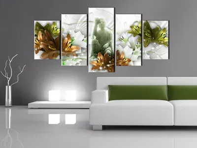 Image de Tableau acoustique Bouddha Fleurs 200 x 100 cm Tableaux Mousse acoustique Absorbeur acoustique haute performance Isolation acoustique Toile 5 pièces Tableau mural Acoustique intérieure Isolation acoustique h-C-0035-b-p