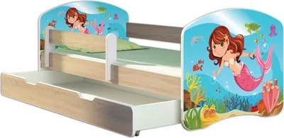 Produktbild von ACMA Jugendbett Kinderbett Junior-Bett Komplett-Set mit Matratze Lattenrost und Rausfallschutz Sonoma 09 Meerjungfrau 140x70 + Bettkasten