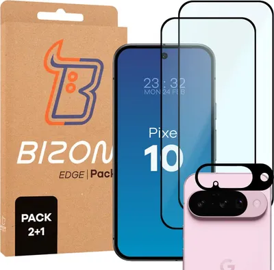 Produktbild von Gehärtetes Glas - 2 Stück + Kameraschutz für Google Pixel 10, Bizon Glass Edge Pack, Schwarz