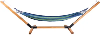 A hammock with a wooden stand against a white background.