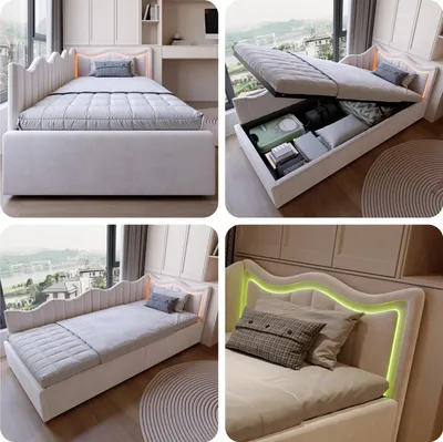 Produktbild von UnboxG Polsterbett 90×200 cm in Beige, Samtstoff – Kinder- und Schlafsofa mit LED-Beleuchtung, Stauraum und Gasdruckfeder