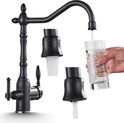 Produktbild von 3-Wege Küchenarmatur Retro mit Wasserfilter-Anschluss, Feststehender Auslauf, 360° schwenkbar, Einzelauslauf, Keramikkartusche Schwarz-Matt