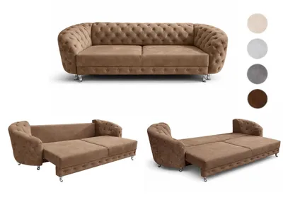 Produktbild von Chesterfield Schlafsofa MOLLY mit Bettkasten - 3-Sitzer Couch, Schlaffunktion, Samt Latte, 290 cm