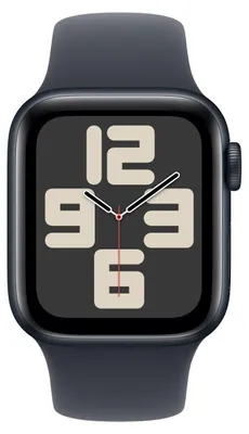 A close-up shot of an Apple Watch SE with a dark gray band and a dark gray watch face displaying a clock.