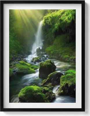 Produktbild von Wasserfall und Felsen– Wandbild mit Rahmen – Gerahmtes Bild  – Wanddekoration – 60x80 cm –  Schwarz Rahmen