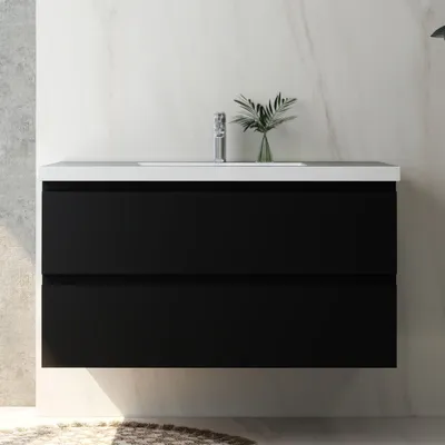 Produktbild von Waschtisch mit Unterschrank 100cm Alast Badmöbel Set Matt Schwarz Waschbecken mit Unterschrank MDF Softclose