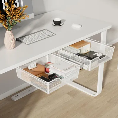 Image de Lot de 2 organisateurs de tiroirs adhésifs pour sous bureau - Métal - Blanc - 33x31x9,5 cm