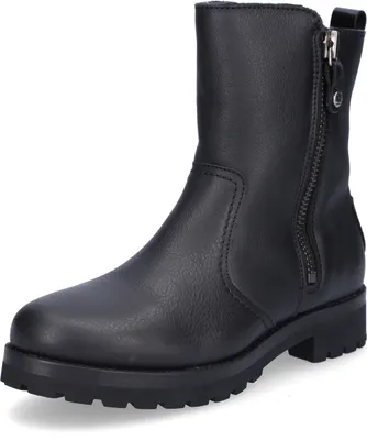 A black leather boot with a zipper on a white background.