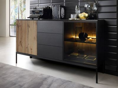 GrainGold Kommode Deo - Kommode mit Schubladen und Türen - Sideboard, TV-Kommode, LED-Beleuchtung, Kommode mit Glas - Kommode Graphit, Eiche Wotan