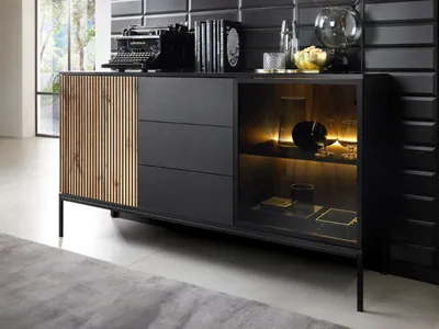 Produktbild von GrainGold Kommode Deo - Kommode mit Schubladen und Türen - Sideboard, TV-Kommode, LED-Beleuchtung, Kommode mit Glas - Kommode Graphit, Eiche Wotan