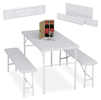 Image de Ensemble de salon de jardin pliable Relaxdays, ensemble de 3 pièces comprenant un grand banc et une grande table, pour le jardin ou les fêtes, aspect rotin, blanc