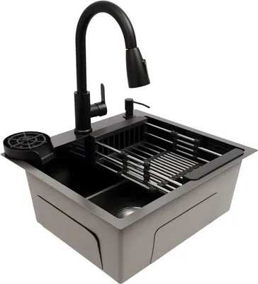 Produktbild von Küchenspüle 50x45cm in Schwarz mit ausziehbarer Armatur und Zubehör