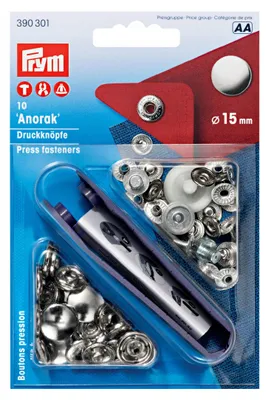 Image de 10 pièces de boutons-pression ANORAK, 15mm argentés, inoxydables avec force de fermeture moyenne, sans nickel avec outillage