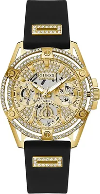 A close-up studio shot of a women's Guess watch.