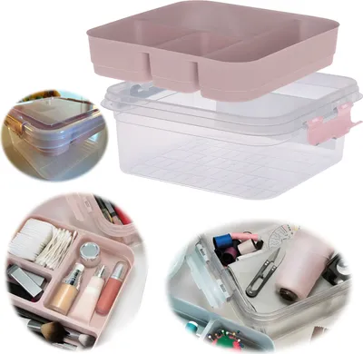 Produktbild von LS-LebenStil Sortierbox Aufbewahrungsbox 26cm Rosa Stapelbox mit Deckel Kosmetik Organizer Nähkasten Einsatz für Nähzubehör Kosmetik Make-Up 4 Fächer