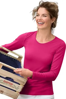 Produktbild von Langärmeliges Baumwoll-T-Shirt für Damen, 95% Baumwolle, 5% Elasthan, ohne Aufdruck, einfarbig, 180g/m2, Farbe himbeere, Größe XS