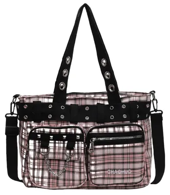 Image de Sac bandoulière Y2K pour femmes, avec un motif gothique de crâne, dans un design à carreaux roses