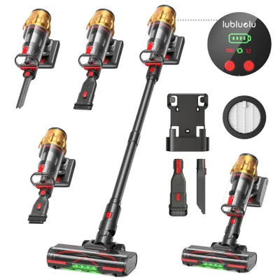 A collage of images showing a cordless vacuum cleaner and its various attachments, along with a charging display and accessories.