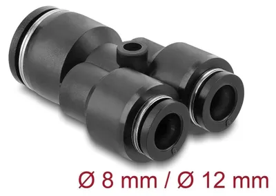 Produktbild von DeLOCK Pneumatik Steckverbinder 2 x 8 mm zu 1 x 12 mm mit Befestigungsloch Y-Form, Schwarz, Metall, Kunststoff, Weibliches Gewinde, 1 Stück(e), 10 bar, Polybag