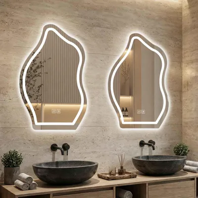 Produktbild von AIORBER LED Badspiegel Unregelmäßig Touch Anti-Beschlag 3 Lichtfarben Dimmbar Wandspiegel Design Asymmetrisch Badezimmerspiegel, 70x90 cm, Silber