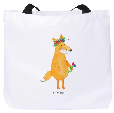 Produktbild von Mr. & Mrs. Panda Tote Bag Fuchs Blumen - Weiß - Geschenk, Boho, Schultasche, Reisetasche, Liebe, Tasche, Strandtasche, Beutel, Ich, Blumenliebe