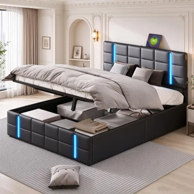 Productafbeelding van INONEFT Gestoffeerd bed 140x200 cm met USB-poort, hydraulisch boxspringbed met lattenbodem en opbergruimte, eenpersoonsbed met opbergruimte, kunstleer, zwart