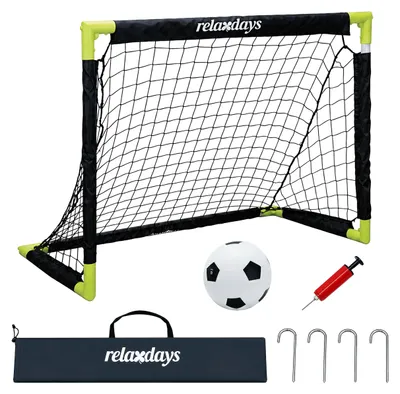 Obrázek produktu pro Relaxdays, branka na fotbal, rozměry: 60 x 90 x 60 cm, skládací, včetně míče, kolíků do země a tašky, materiál: PVC, dětská branka do zahrady, černá/žlutá