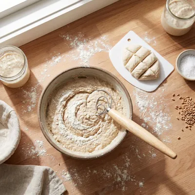 Produktbild von aus Edelstahl mit Gummiholzgriff, Teigmixer für Sauerteig und Brot, Küchenwerkzeug