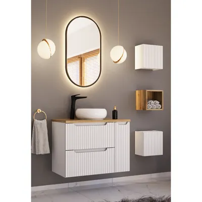 Produktbild von Badmöbel Set 5-teilig mit 80cm Waschtisch, weiß und Eiche, NEWPORT-56-WHITE