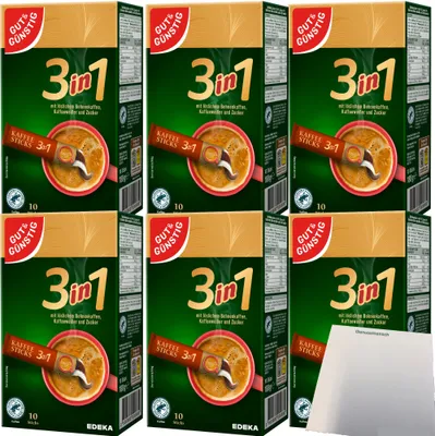 Produktbild von Gut & Günstig Kaffeesticks 3in1 löslicher Bohnenkaffee mit Kaffeeweißer und Zucker 6er Pack (6x180g Packung) + usy Block