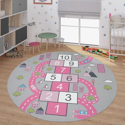 Produktbild von TT Home Kinder-Teppich, Spielteppich Für Kinderzimmer Straßen-Look, Hüpfkästchen, Rosa Größe 160 cm Rund