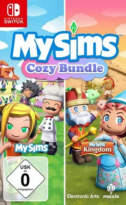 A split image showing characters from the MySims games, with game titles and logos.